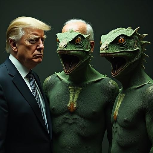 High detail portrait of three politicians with reptilian features. Dark setting with ominous lighting. Human skin as costumes. Sinister atmosphere.
