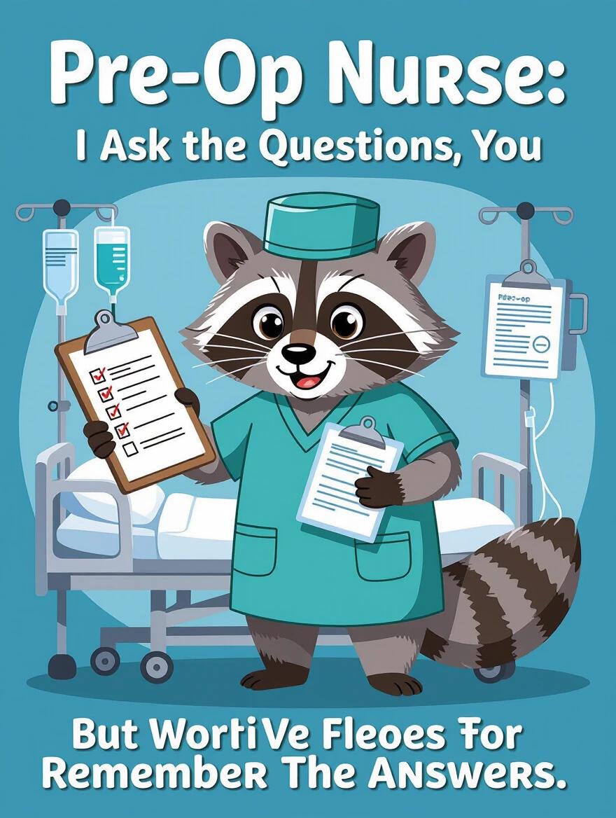 A raccoon in scrub cap and gown holds checklist and IV bag. The raccoon expresses a ‘don’t worry, but also don’t mess up’ demeanor. A hospital bed features pre-op prep forms clipped alongside. Vector art style highlights sharp details with a clean aesthetic.