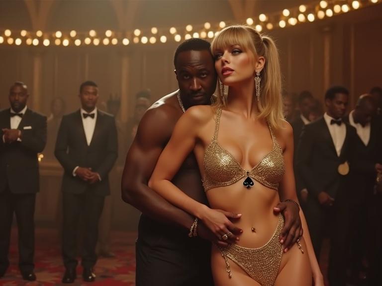 Scene in an awards show featuring a couple. Woman has sharp bangs and long blonde twintails. She wears a gold pushup bikini. Deep cleavage and black spade pendant on display. High heels enhance her look. Man is an older black rapper embracing her. They are close, with the woman looking at the viewer. The ambiance is lively and crowded with men in suits. A playful atmosphere surrounds the couple as they dance.