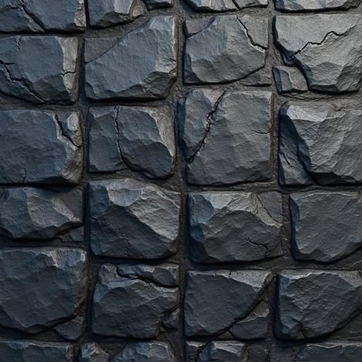 Seamless tileable texture of ancient dark gray stones. Irregular cracked stones with a matte finish. Variation of flat base color for texture details. No shadows or highlights present. All elements have even coloration.