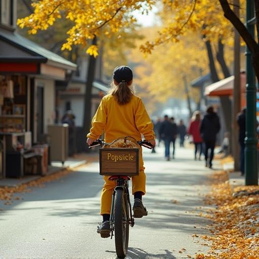 Depicts a vibrant street scene from the 1980s featuring a teenage girl in a Balenciaga outfit biking along a bustling street. The backdrop includes old maple trees shedding yellow leaves, a 'Struggle Shop' nearby, and a wooden box labeled 'Popsicle' on the bike's rear. Bright photographic lighting enhances the lively atmosphere.