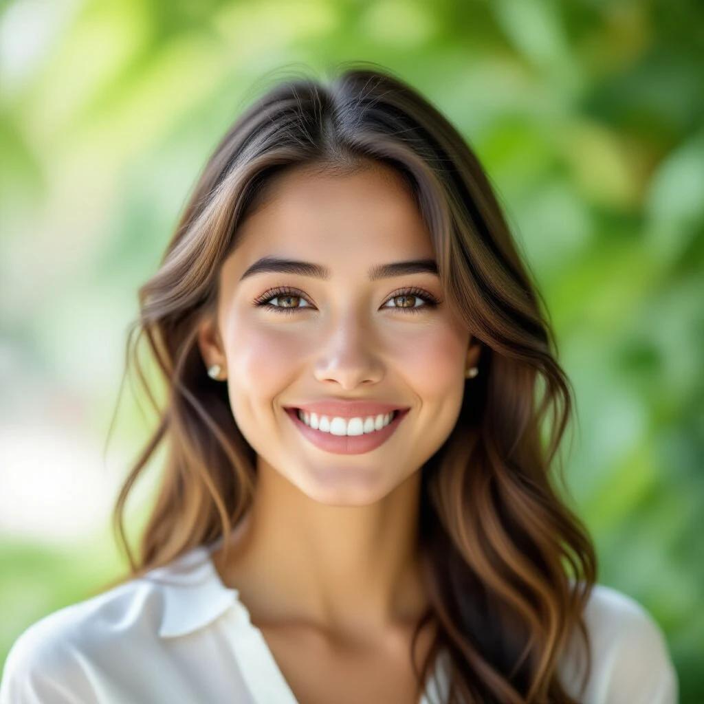 A portrait photograph featuring a young woman with deep brown hair and fair skin, smiling at the camera. Natural light creates a fresh atmosphere with a blurred green plant background.