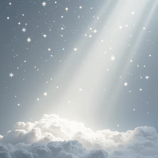 Abstract background featuring white and light blue with golden stars and light beams. Soft clouds present in the lower section.