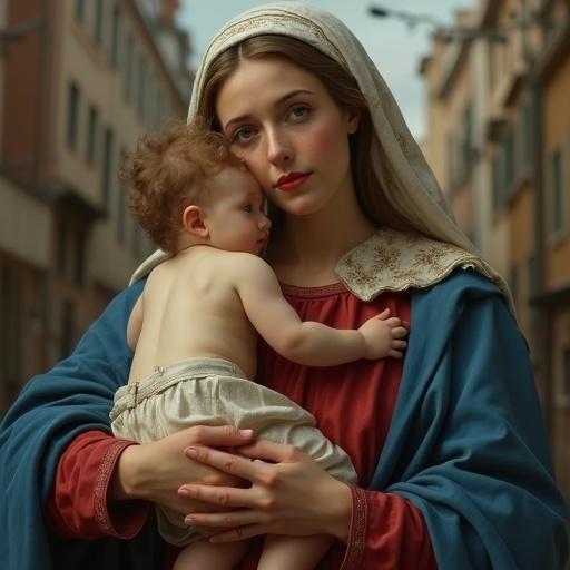 Modern portrait of Madonna with child. Urban blurred background. Contemporary clothes in Marian colors. Soft cinematic light. Sweet realistic expressions. Spiritual atmosphere. Modern take on sacred symbolism.