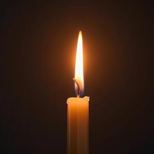 A candle illuminated softly against a dark background. The flame flickers gently on top of the candle.