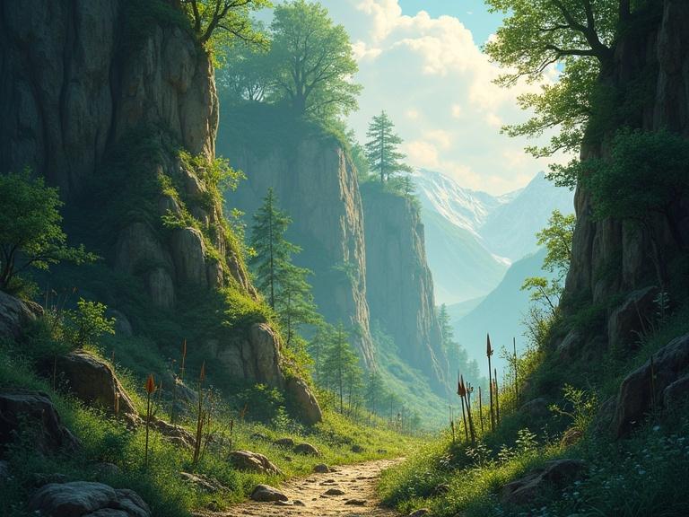 A narrow wild gulch filled with thick brush and hidden paths. Scattered arrows show signs of an ongoing skirmish. A tense adventurous atmosphere fills the scene. Trees line the rocky walls. Bright sunlight filters through clouds. Mountains loom in the background.