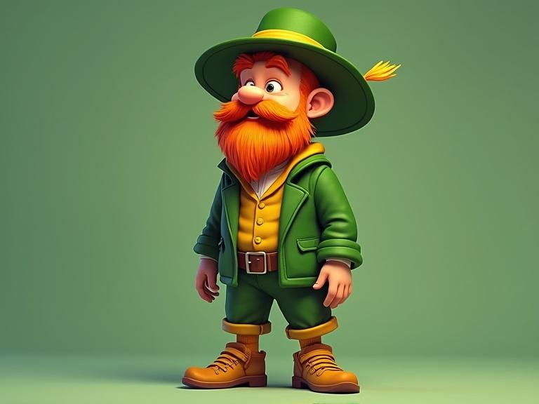Character design of a short man with orange beard and hair, large nose and ears. Green hat with a four-leaf clover, green clothing with a belt and a yellow bowtie. Yellow socks and brown shoes.
