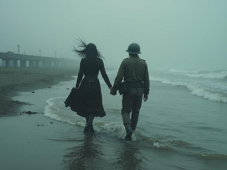 Lovers land on a smoke-filled beach. The scene captures a grim atmosphere and physical struggle. Treacherous water and challenging obstacles are highlighted. The couple walks hand-in-hand.