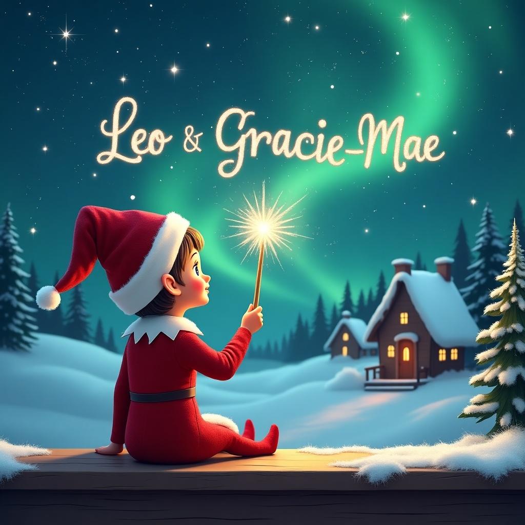 An elf in a red outfit sits on a ledge. The elf gazes at a magical sky. A sparkling wand is held in the elf's hand. Names 'Leo' and 'Gracie-Mae' are written in the sky. The background shows a snowy landscape with houses and trees under Northern Lights. The scene represents childhood magic and Christmas cheer.