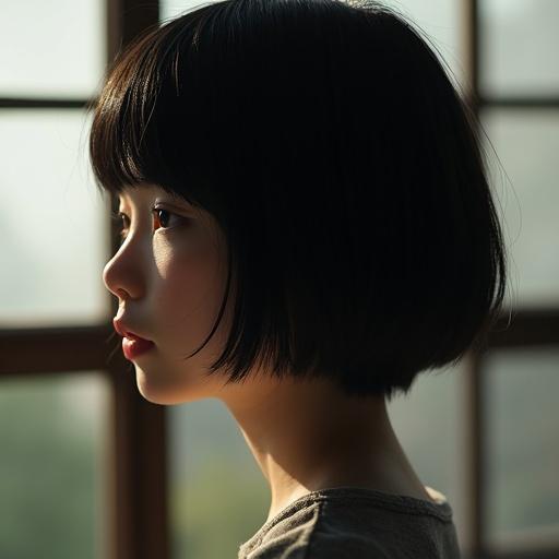 Japanese girl profile view captured in soft natural light. Dark short hair styled elegantly. Focus on simplicity and beauty. Background emphasizes light from window.