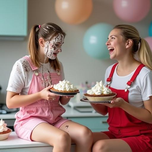 Two young women in a kitchen. One sits on a counter with pink shorts covered in cream. Cream drips down her face. Her pigtails stick to the mess. The other woman holds two creamy pies, laughing. The kitchen has pastel balloons and messy whipped cream desserts.