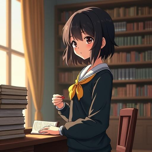 A 20 years old Oxford girl student in anime Ghibli style with a pencil in hand and surrounded by books at a desk near a window.