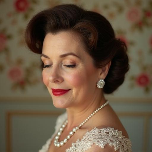 50 years old housewife with 1950's hairstyle and closed eyes. Shy and slightly smiling portrait with diamond hair accessories and big red lips. Background features floral wallpaper.