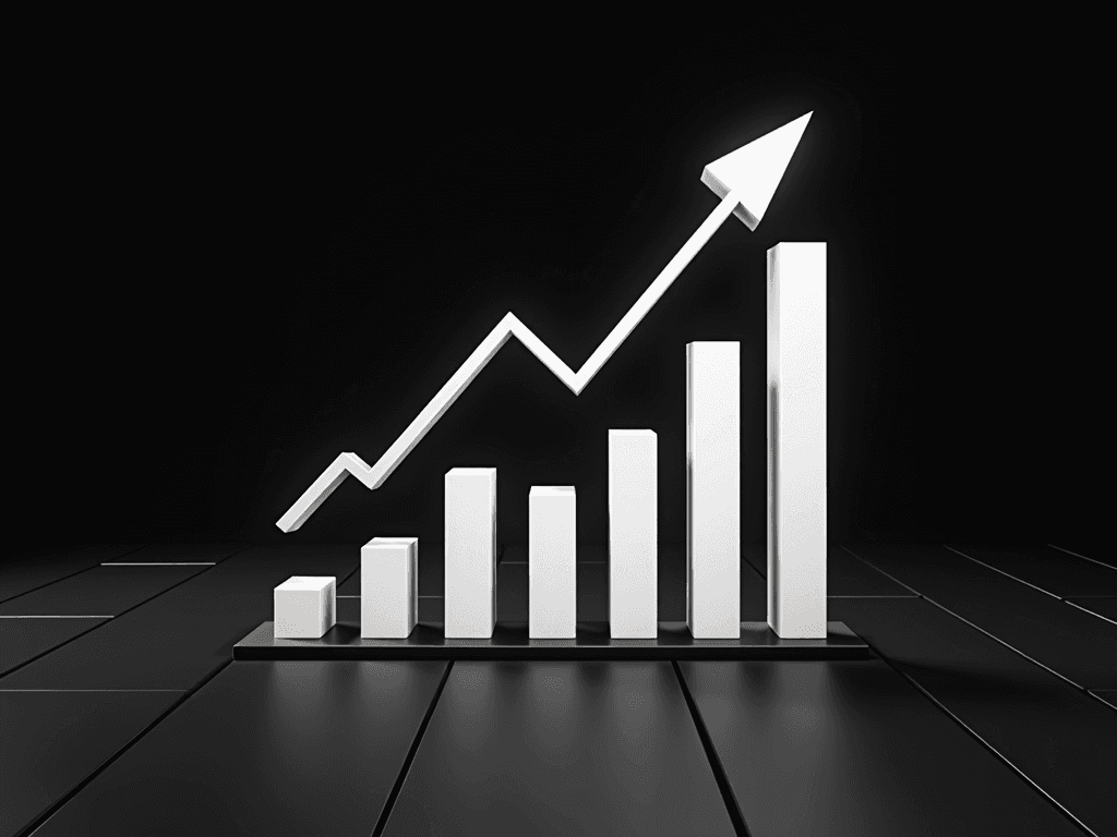 A 3D bar graph with an upward arrow on a dark background symbolizes growth.