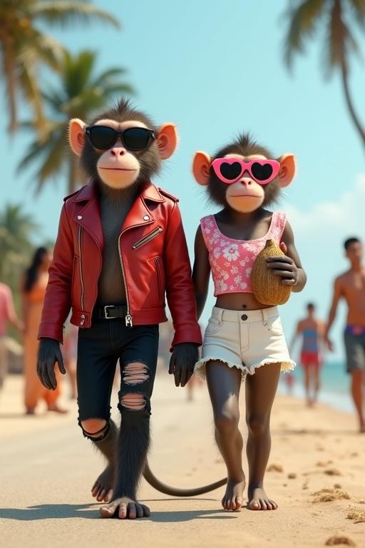 A hyper-realistic 3D monkey couple walks on a beach road. The male wears a red jacket and black ripped jeans while the female wears a pink crop top and white skirt. Both have sunglasses and confident expressions. The scene features palm trees and tourists watching them.