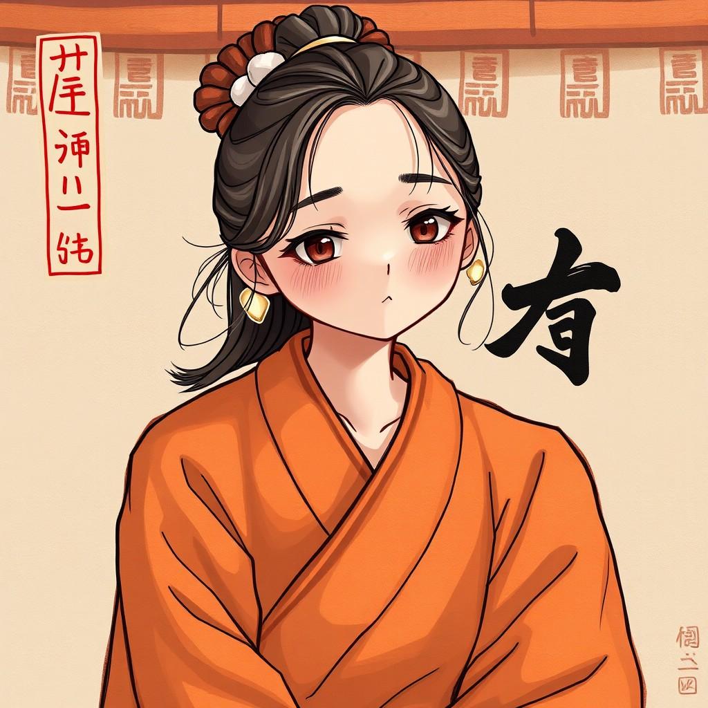 Anime-style illustration of a thoughtful woman in a traditional robe.