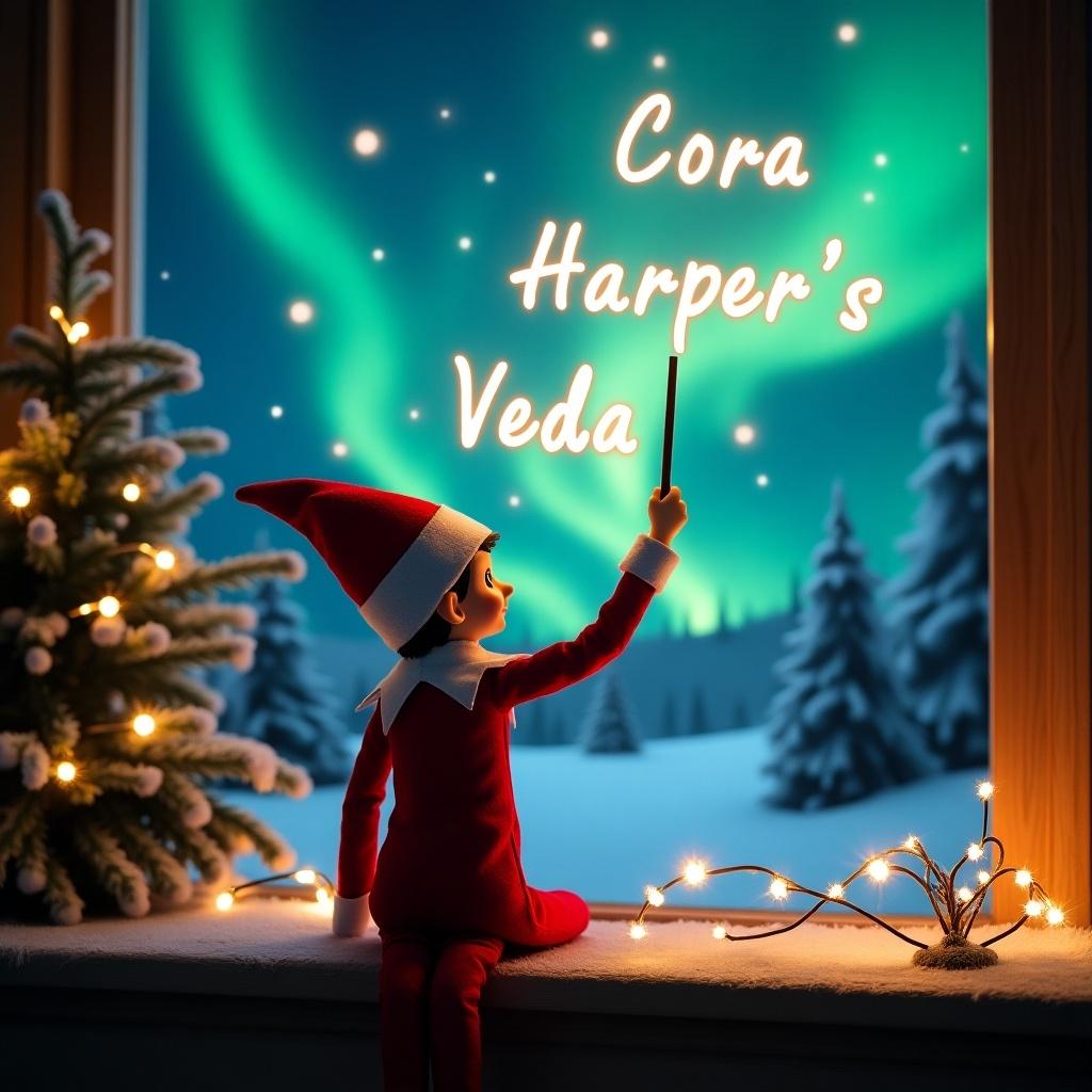 An enchanting Christmas scene featuring an elf on the shelf facing the sky. The elf, dressed in festive red and white, holds a magic wand. It writes glowing names 'Cora', 'Harper', and 'Veda' above. The backdrop is filled with beautiful northern lights. The ambiance is magical, embodying the spirit of Christmas. This whimsical display evokes joy and excitement for the holiday season.