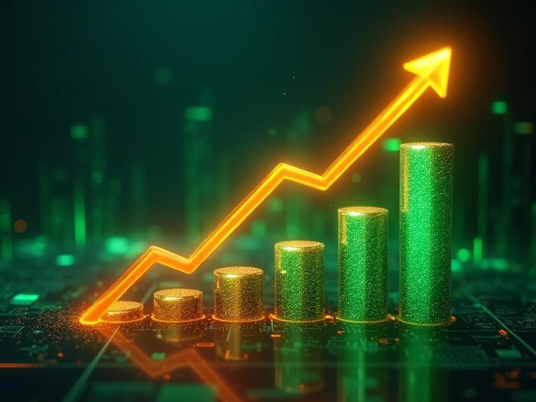 Graph showing increasing growth trend. Bars in green with neon orange arrow. Digital background with high-tech aesthetic.