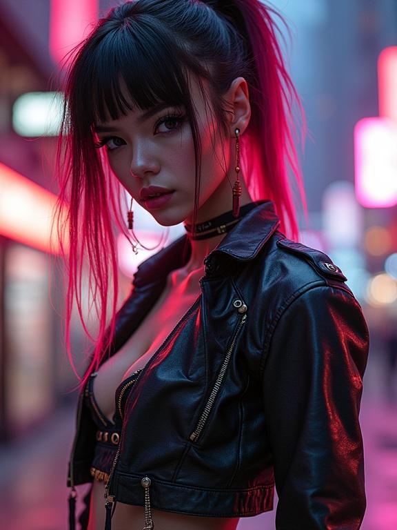 Portrait of a female cyberpunk warrior. She has long, dark hair with pink highlights. Wearing a black leather jacket and statement earrings. Set in an urban landscape with neon lights. Strong facial expression and confident stance. Background features colorful city lights.