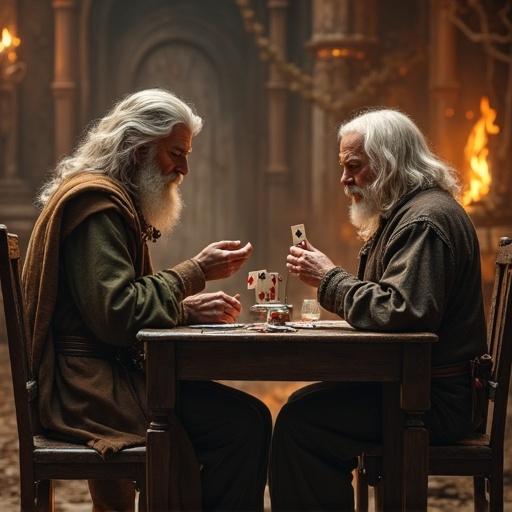 Two mythological characters engaged in a card game. They are seated at a wooden table in a warm tavern setting. Warm light flickers from candles illuminating their focused expressions. Both figures have long hair and wear medieval-style clothing.