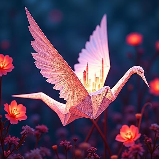 Life-sized paper crane with inner glow. Wings unfold revealing fractal cityscape. Neon lights inside crane. Background features Takashi Murakami flowers in vibrant colors.