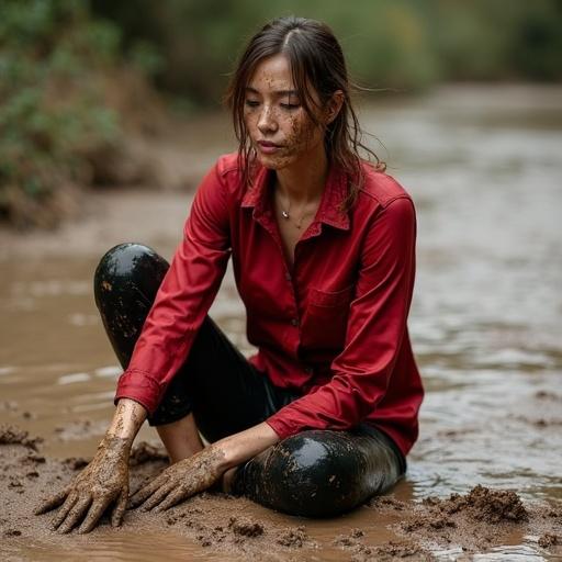 Photo of a woman in a muddy river. Strong stream of water flows around her. She wears a red satin button-down shirt, completely covered in mud. Underneath, she has black rubber leggings that are dirty. Crawling on her knees in liquid mud. Smearing her shirt with mud. The scene shows dramatic natural light.