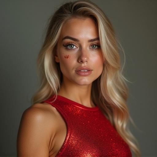 College cheerleader with a red sparkly crop top. She has tear-streaked makeup and thick eyeliner. The image is a cowboy shot capturing her upper body.