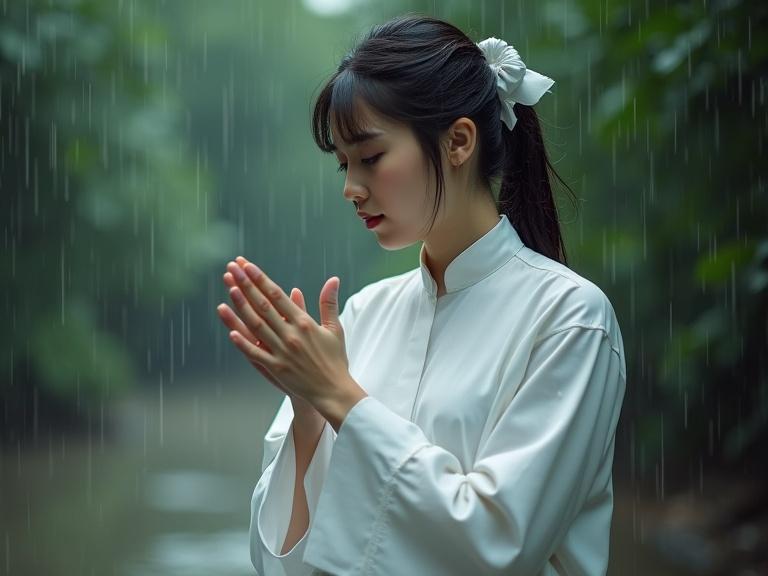 Elegant full body view of a Vietnamese female teacher in a white silk traditional school uniform. Caught in the rain, she looks at her partially wet clothing, showing her soft skin. Cinematic lighting highlights her beauty.