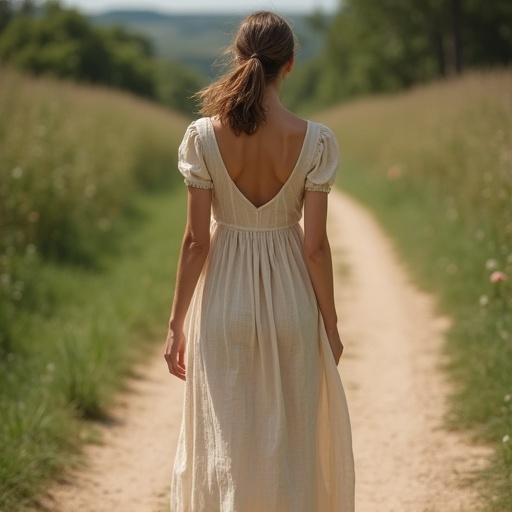 8K full-body back view of a woman in a simple earth-toned dress walking along a dirt path. She has light brown hair tied back. The scene has soft natural lighting and a clean background, evoking a sense of serenity and elegance.