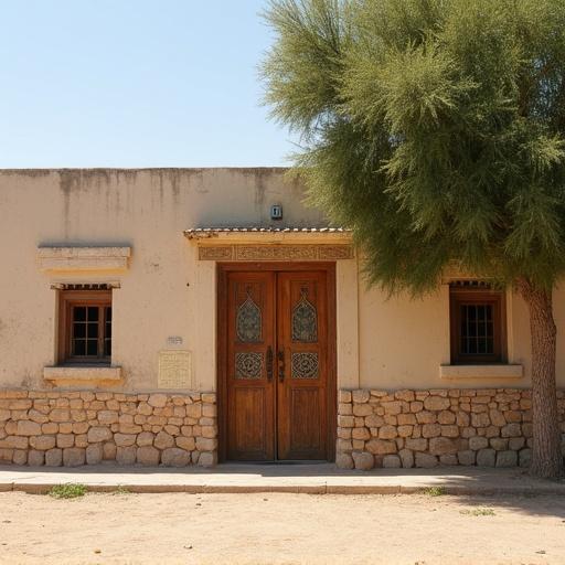 Traditional old Saudi Arabian house built in the 1980s. Single-story building in dusty desert neighborhood. Features wooden decorated double door with geometric patterns. Lower facade covered in stone. Upper walls plastered in pale beige and gray. Small shuttered windows and flat roof. Large leafy tree is peeking over the wall. Overall rustic and nostalgic atmosphere in afternoon sunlight.