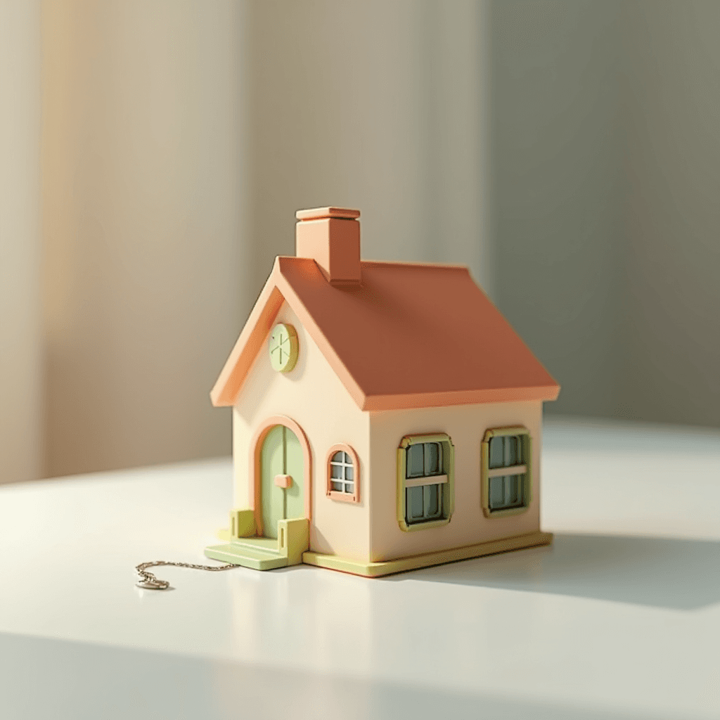 A small, pastel-colored toy house with green accents and a chimney sits on a smooth white surface, softly illuminated by natural light.