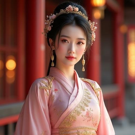 Ultra-realistic portrait of an elegant East Asian woman with porcelain skin and soft pink blush. She has large expressive brown eyes with a confident gaze. Dark brown hair in an intricate traditional updo with golden floral ornaments. Wearing a luxurious pink silk hanfu-style dress with golden embroidery and floral motifs. Flowing sleeves catch the light beautifully. Poised like a noblewoman from ancient times. Background shows an ancient Chinese temple with red pillars and glowing lights.