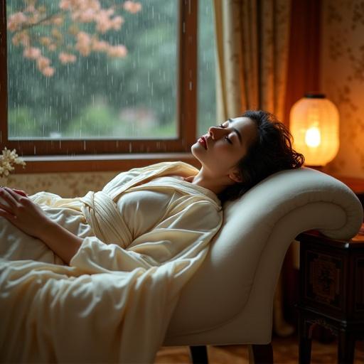 Woman in cream silk kimono reclines on ivory chaise lounge. Dimly lit Japanese study with rain pattering on paper windows. One arm draped over eyes, other on intricately carved table. Warm glow from lantern highlights neck. Serenity in expression. Quiet sensuality in luxurious repose.