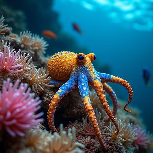 Vibrant gold and blue splotched octopus on a coral reef. Contains anemones and tropical fish. Professionally captured underwater photograph.