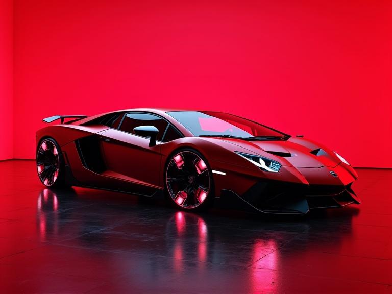 Vibrant red light illuminates a sleek futuristic Lamborghini. The car features laser light rims. The setting emphasizes a modern and high-tech aesthetic.