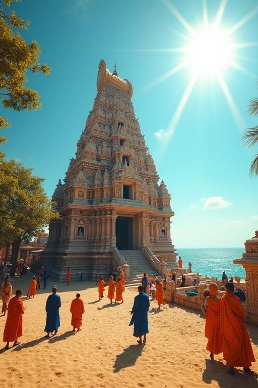 A mystical scene shows the Jagannath Temple in Puri during bright daylight. A blazing sun is in the clear blue sky. Sharp shadows fall from nearby trees. Pilgrims wear vibrant saffron and blue robes. Smaller structures are visible around the temple. The towering spire and intricate stone facade shine in golds, reds, and creams. No shadow is cast on the sandy ground. An ethereal golden shimmer surrounds the temple. Deity carvings and patterns are hyper-realistic. The distant ocean sparkles in bright turquoise. Pilgrims gaze in wonder. The scene is colorful and magical.