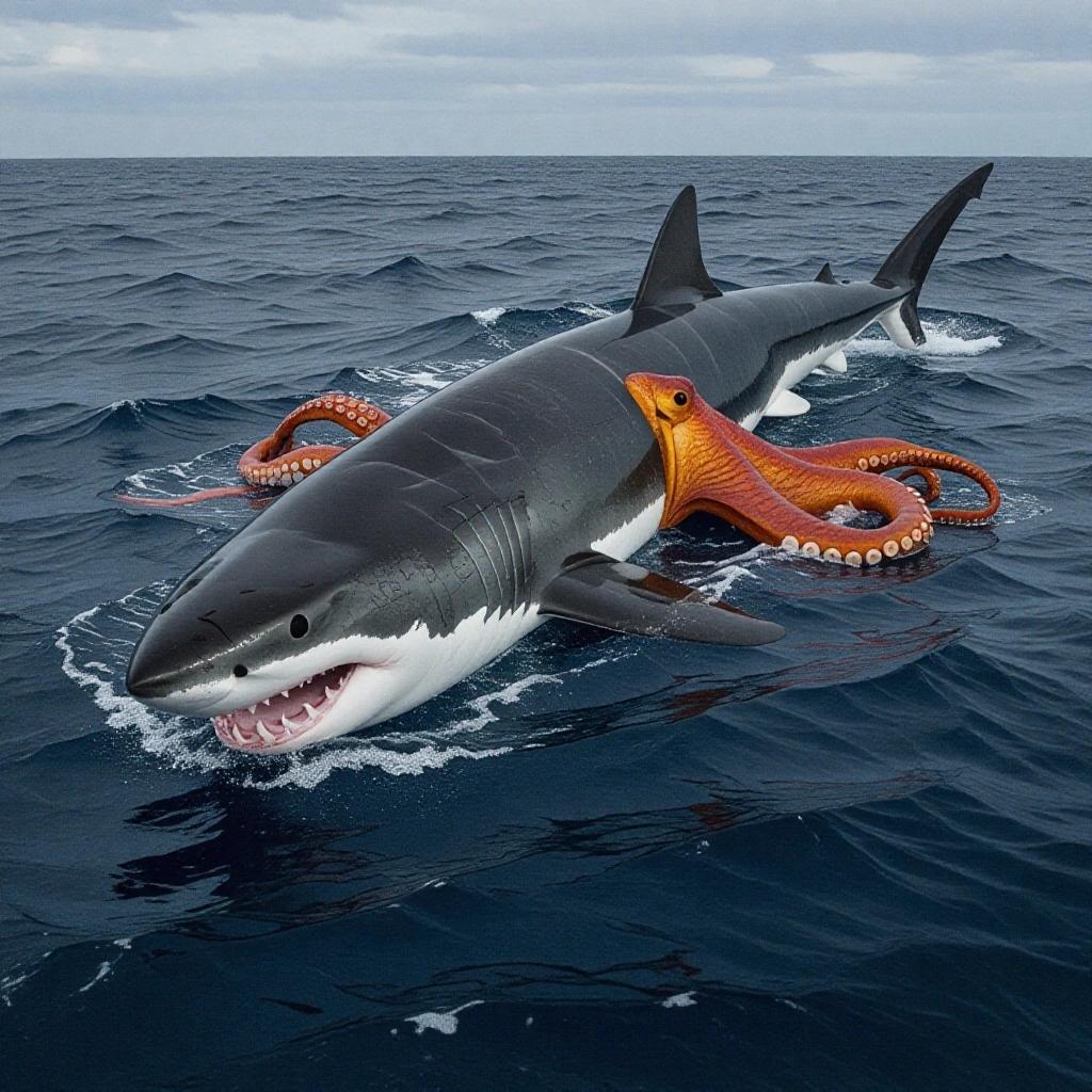 A 50 meter long shark that has features of an octopus. The creature swims in the ocean with its tentacles extending from its body. The scene shows the water and cloudy sky in the background.