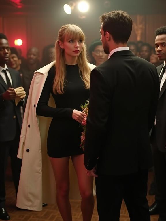 Scene in a nightclub with a couple. Woman wears a black sweater dress and high heels. Man is in a suit holding flowers. The woman hands a white overcoat to him. Background features several observers. Full body view of the couple.