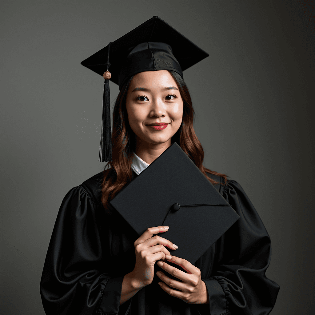 A graduate in cap and gown happily holds her diploma.