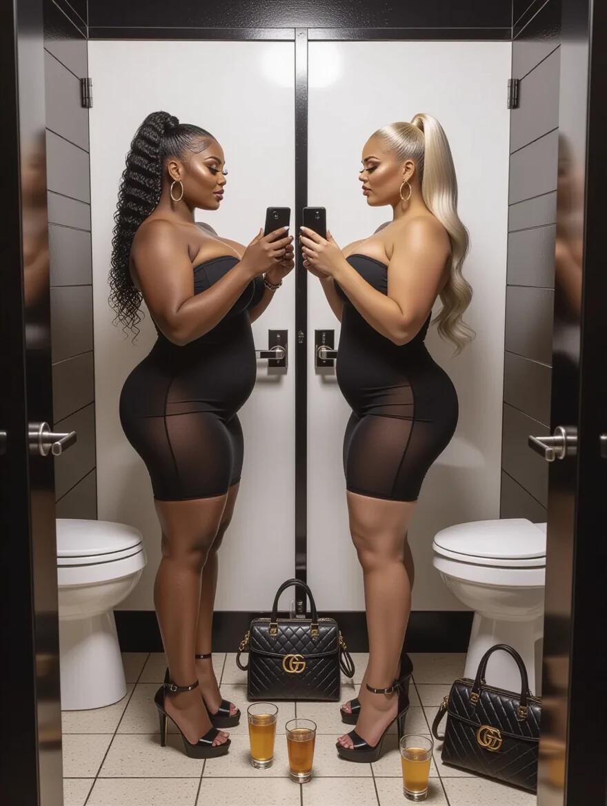 Image of two curvy women in a nightclub restroom. Both wear tight black strapless dresses with high heels. They stand face to face holding iPhones. One has black curly hair; the other has straight blonde hair. The setting includes a toilet and luxury handbags on the floor. There are drinks beside them.