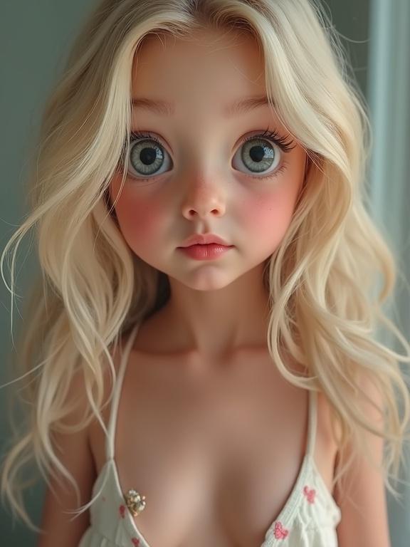 Cute girl with big grey eyes and juicy lips. Blonde hair, wearing a low-cut crop top. Tiny stomach.