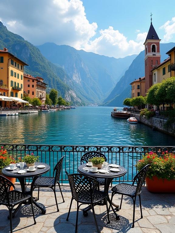 Charming lakeside scene in a quaint European-style village Outdoor café with black metal tables and chairs White teacups with saucers and a small lantern Vibrant flower arrangements in pots overlooking deep blue lake Colorful Mediterranean buildings with red-tiled roofs Towering mountains under a bright blue sky