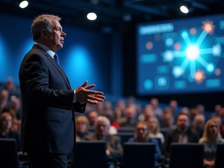 CEO delivering keynote speech in a high-tech auditorium with an engaged audience and modern visuals behind.