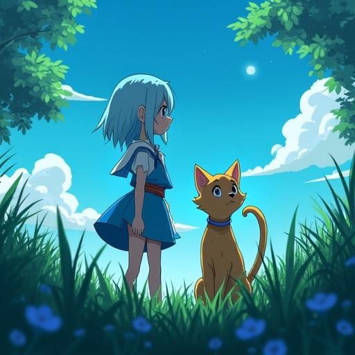 Scene captured in vibrant anime style. Center of lush green grass. Above, turquoise sky with two pale moons. Lyra, silver-haired elf, smiling gently in blue and gold mage outfit. Beside her, Miko, cat-girl, crouched with leather and metal armor. Soft, magical lighting highlights beauty of meadow and bold design of companions' outfits.