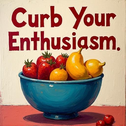 Acrylic painting featuring a bowl filled with fruit. The background displays the bold typography of the phrase Curb Your Enthusiasm in striking colors.