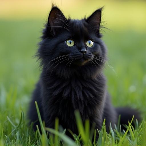 Hyper realistic black fluffy cat sitting in the grass. High-definition hair detail with ultra realism. 8k quality image.