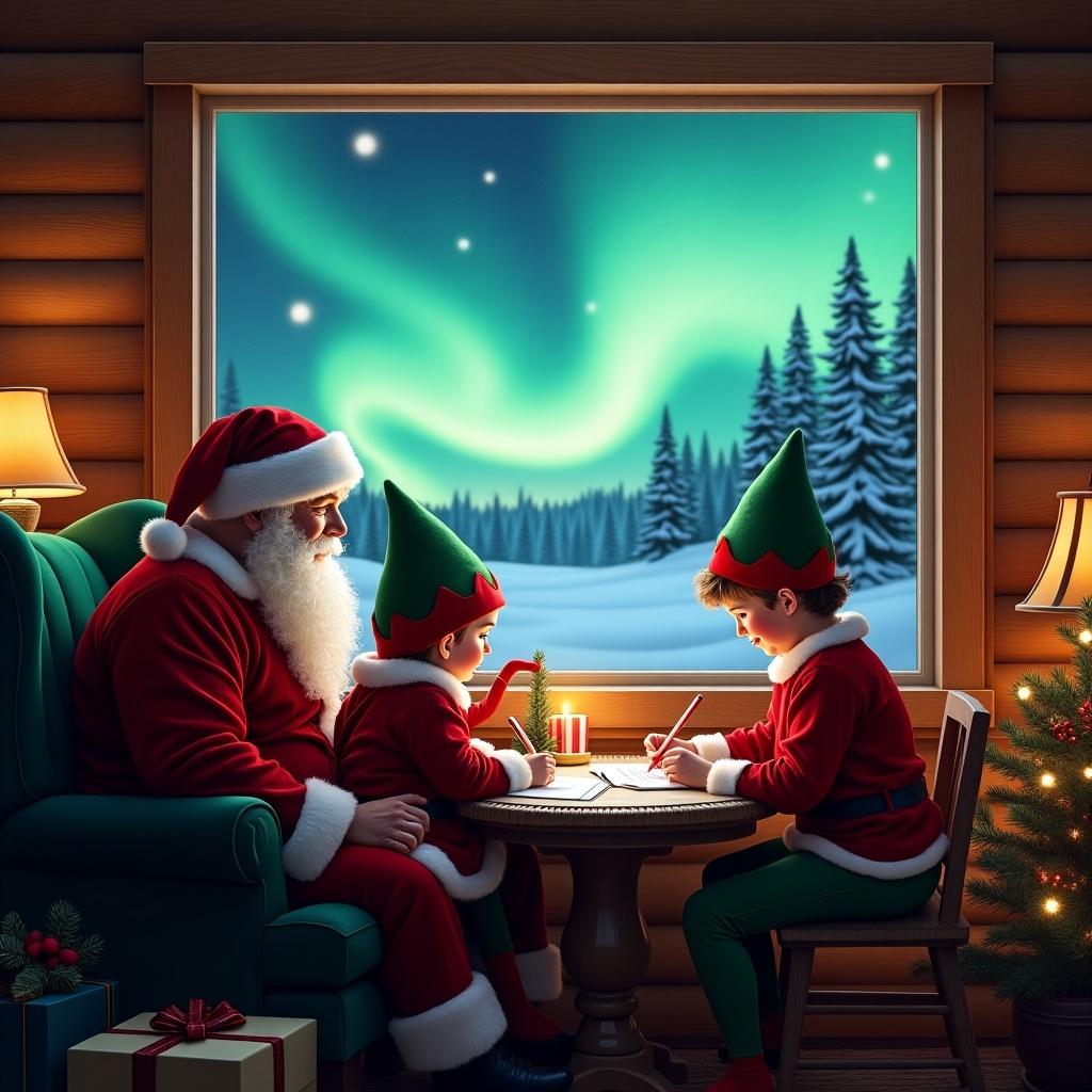 In a cozy cabin, Santa Claus is sitting with two elves by a window showcasing the northern lights. They are both joyfully writing notes together. The scene is filled with a warm ambiance that highlights the magic of Christmas. The cozy feel of the cabin, adorned with a tree, compliments the spirit of giving that fills the air. As they prepare for the holiday season, excitement and joy are palpable in the atmosphere.