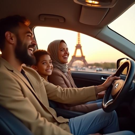 Joyful Muslim family enjoying a drive in a modern car. Scenic view near the Eiffel Tower during golden hour. Father drives with two happy children beside him. Mother in stylish hijab sits in the passenger seat. Warm sunlight illuminates the car. Urban Paris backdrop features the Eiffel Tower clearly.