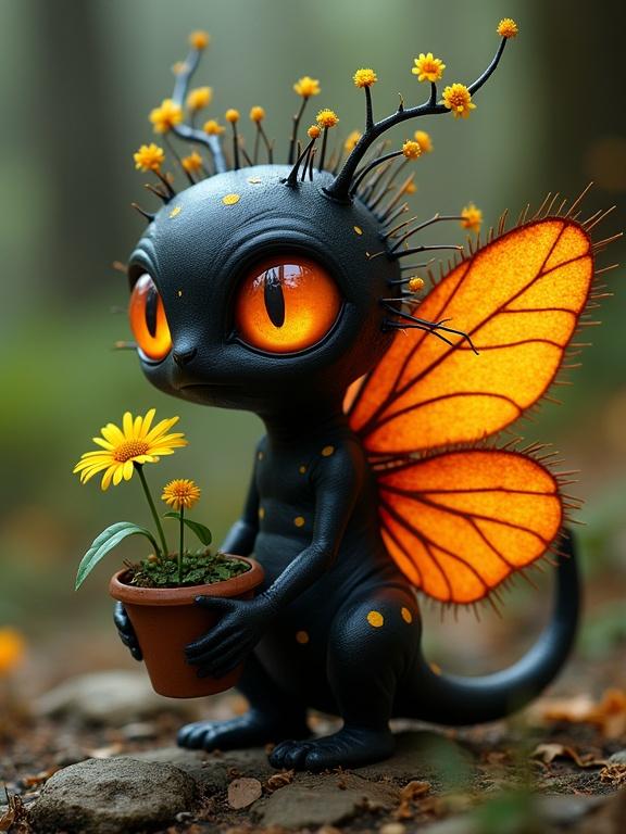 A black creature with orange eyes and yellow spots holds a flower pot. It has spiky hair and large orange wings. The background is a soft-focus forest.