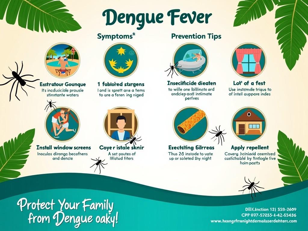 The image provides information about Dengue Fever, highlighting its symptoms and prevention tips. The layout is colorful and engaging, with icons representing various aspects of the disease. Clear and concise text makes it easy to understand the necessary precautions. The intent is to educate and protect families from mosquito-borne diseases. The design uses a highly visual approach to capture attention and convey important health information effectively.